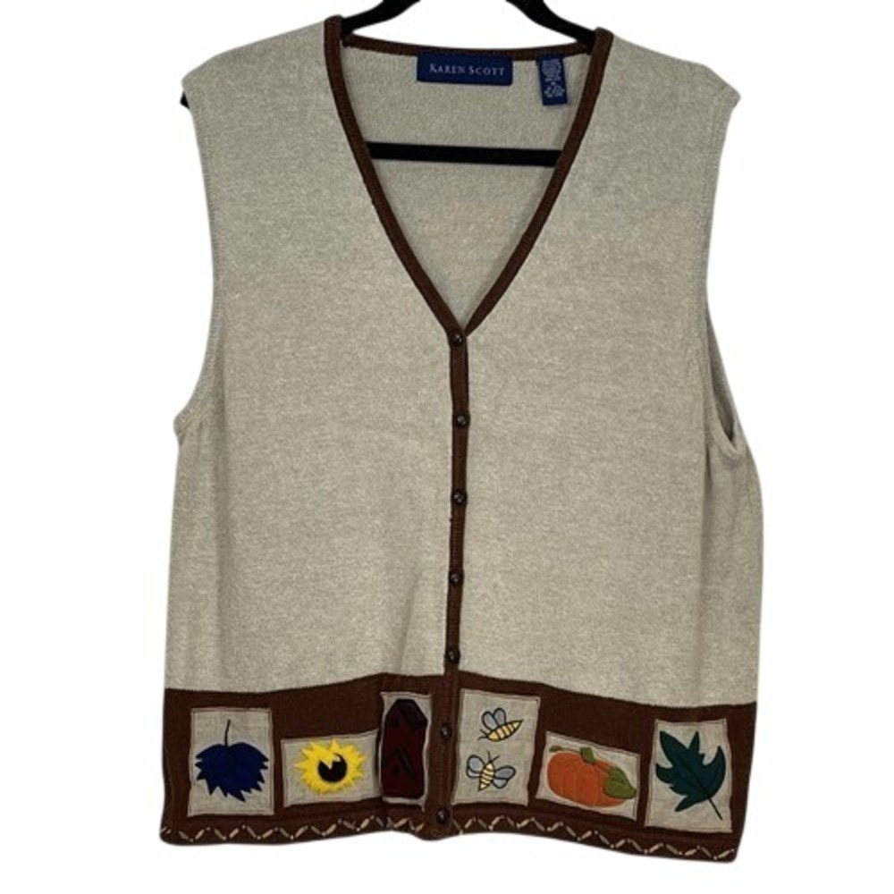 Vintage Grandma Sweater Vest Women XL Beige Fall Patchwork Knit V-Neck Whimsy